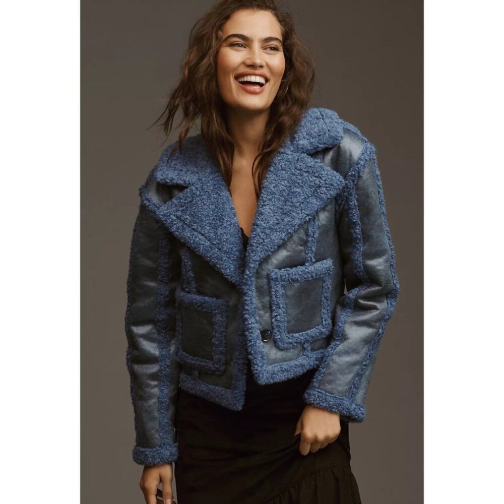 Avec Les Filles Anthropologie Boxy Cropped Fabric Mix Coat Faux Suede Blue Size - Picture 4 of 9